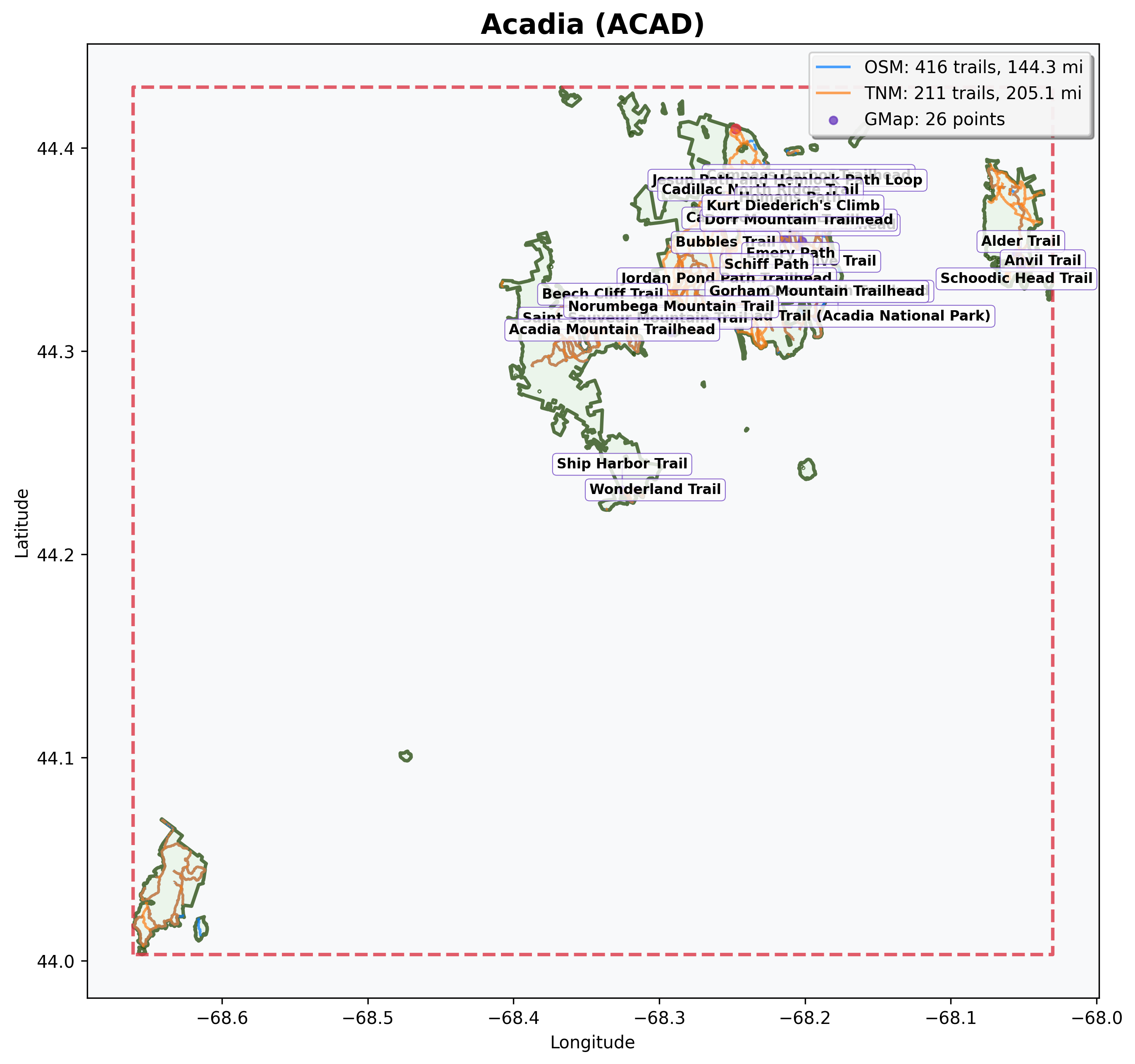 Acadia trail map showing OSM and TNM trails