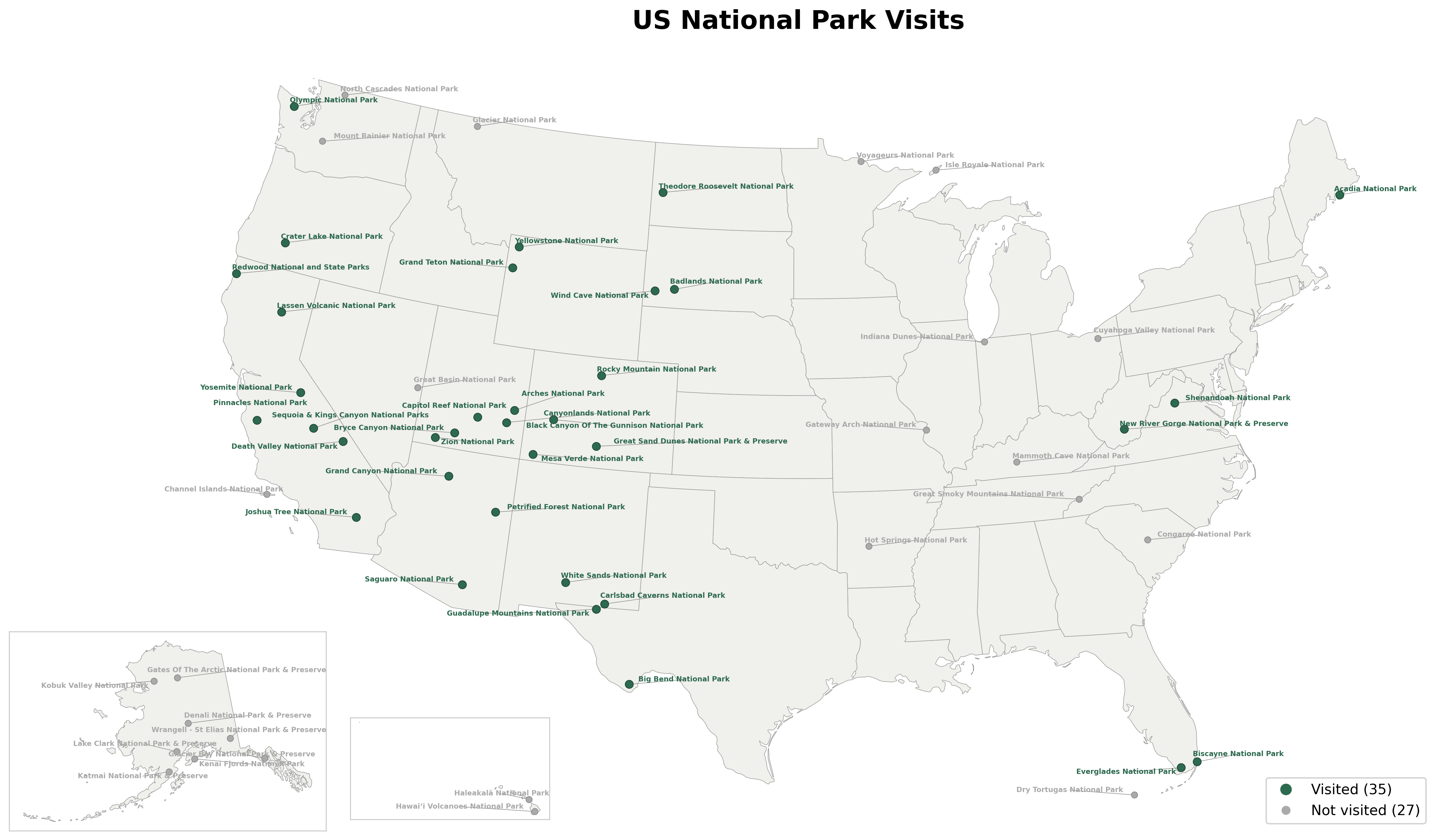 US park map showing visited and unvisited national parks